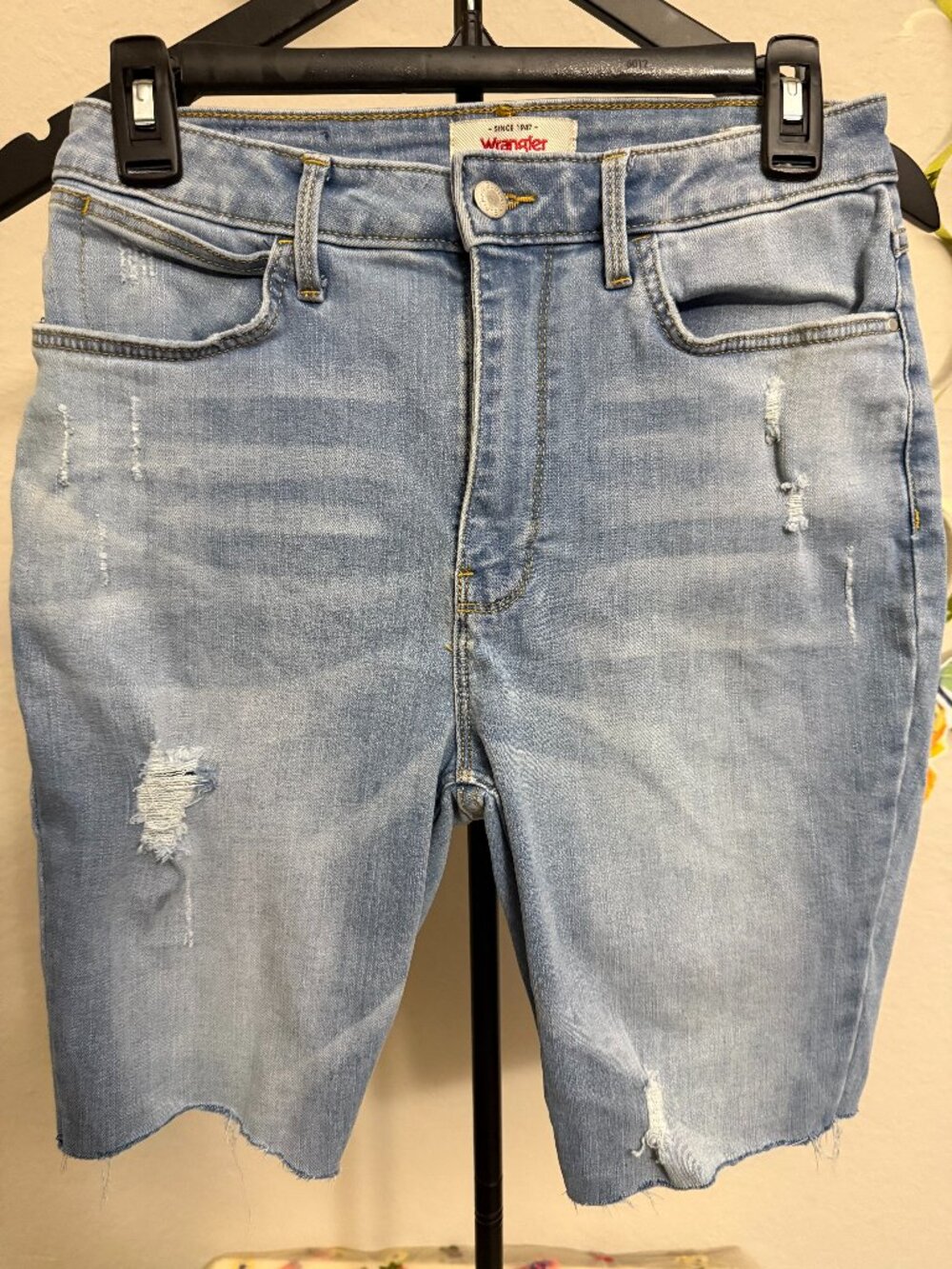 Wrangler High Rise Distressed Raw Hem Denim Bermuda Shorts